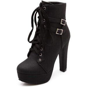 Women's Black Susanny High Heel Platform Sexy Lace Up Mid Calf Boots